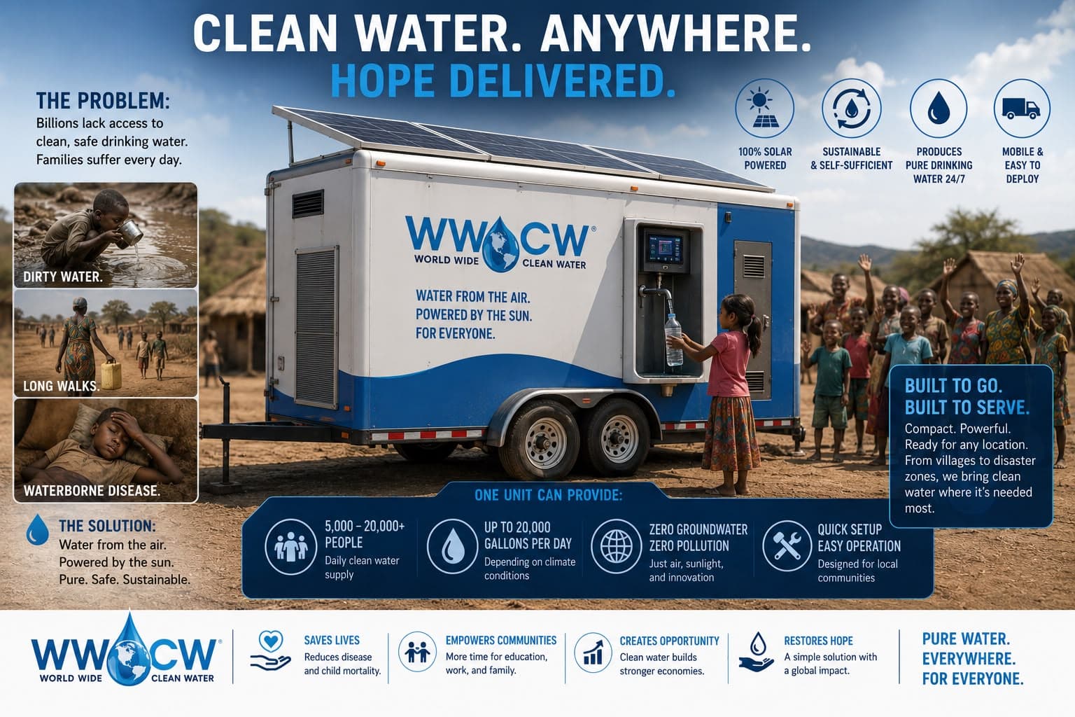 A trailerable WWCW solar-powered atmospheric water generation unit deployed in a village, with a child collecting clean water