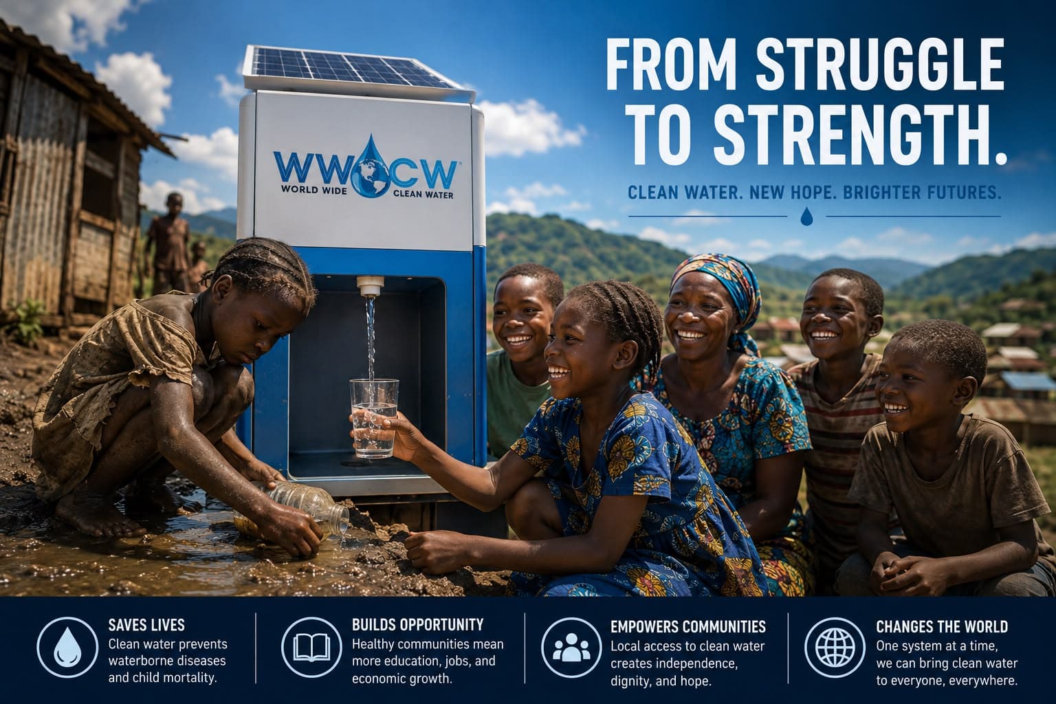 Community members gathered around a WWCW solar-powered atmospheric water generation unit receiving clean drinking water