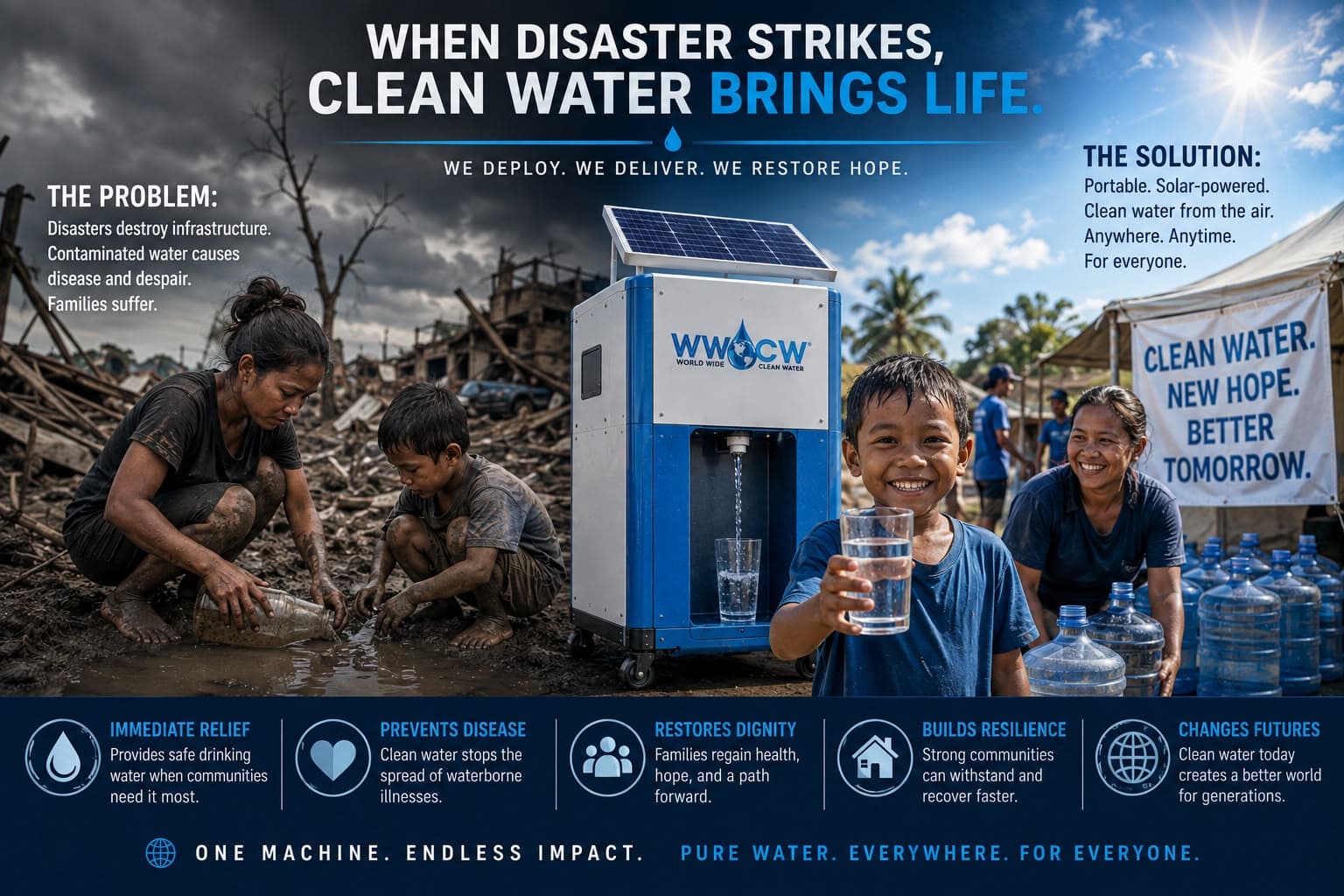 Side-by-side comparison of a disaster-affected community before and after deployment of a WWCW solar-powered water system