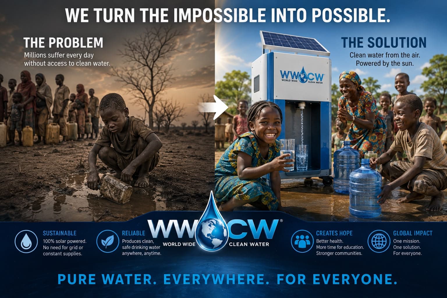 Before and after comparison showing the shift from a child collecting muddy water to children receiving clean water from a WWCW solar-powered unit